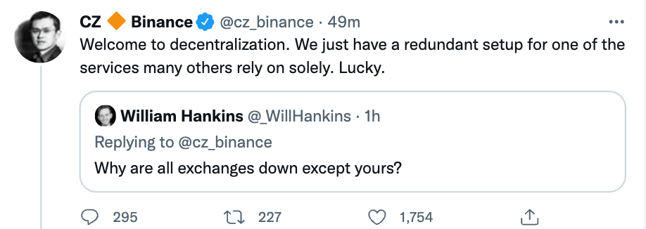 Cloudflare云服务一度故障<strong></p>
<p>币安网交易</strong>，波及全球多家网站及Coinbase、FTX、Bitfinex等加密货币交易所