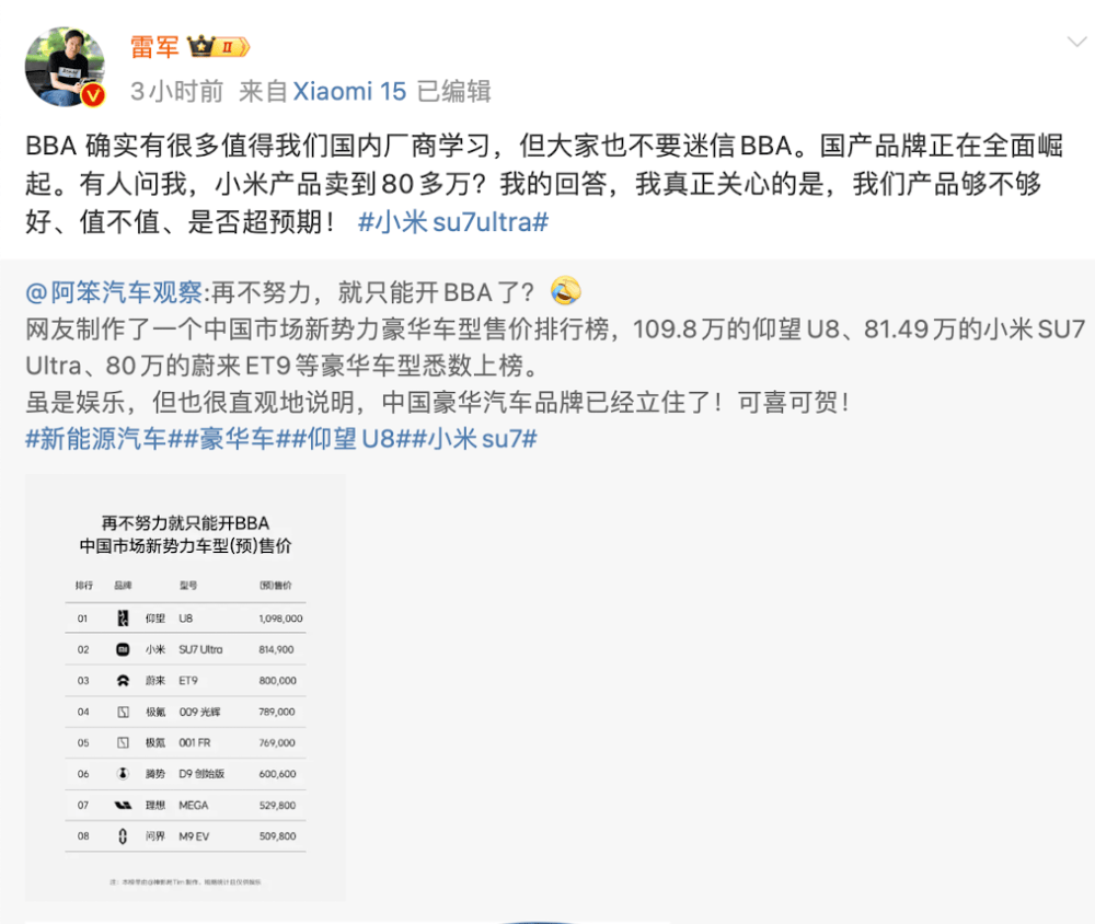 小米汽车卖到80多万<strong></p>
<p>炒币k线图分析法</strong>，网友称再不努力只能开BBA！雷军：不要迷信BBA