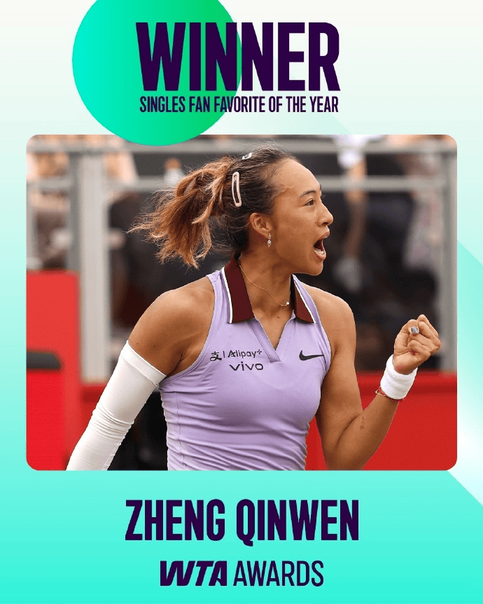 蝉联人气女王！郑钦文再次当选WTA最受欢迎单打球员